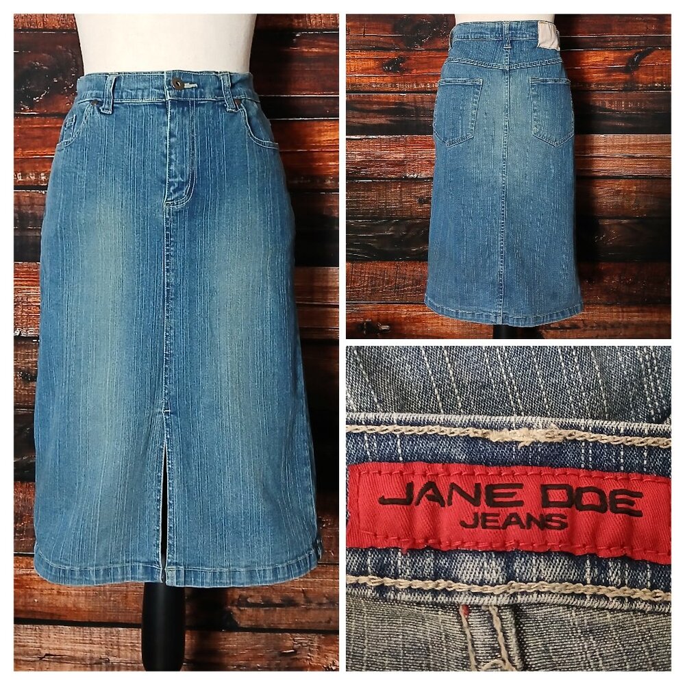 Jane Doe Vintage Jean Skirt 11 12 High Rise Fitted Straight Slit Denim Stretch